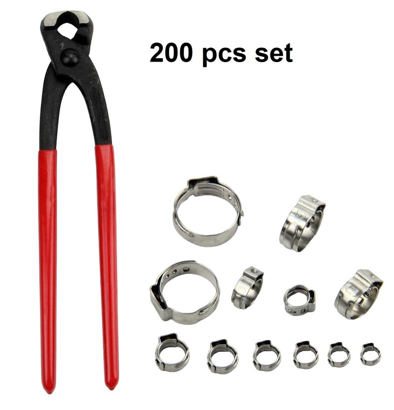 Leberna 200 Pcs 304 Stainless Steel Stepless Single Ear 5-33mm Hose Clamps with Pincers Crimper Tool Kit | Securing Pipe Hoses Automotive | Cinch Rings Pinch Clamp, Crimp Clamp Assortment PEX Crimping - Image 4